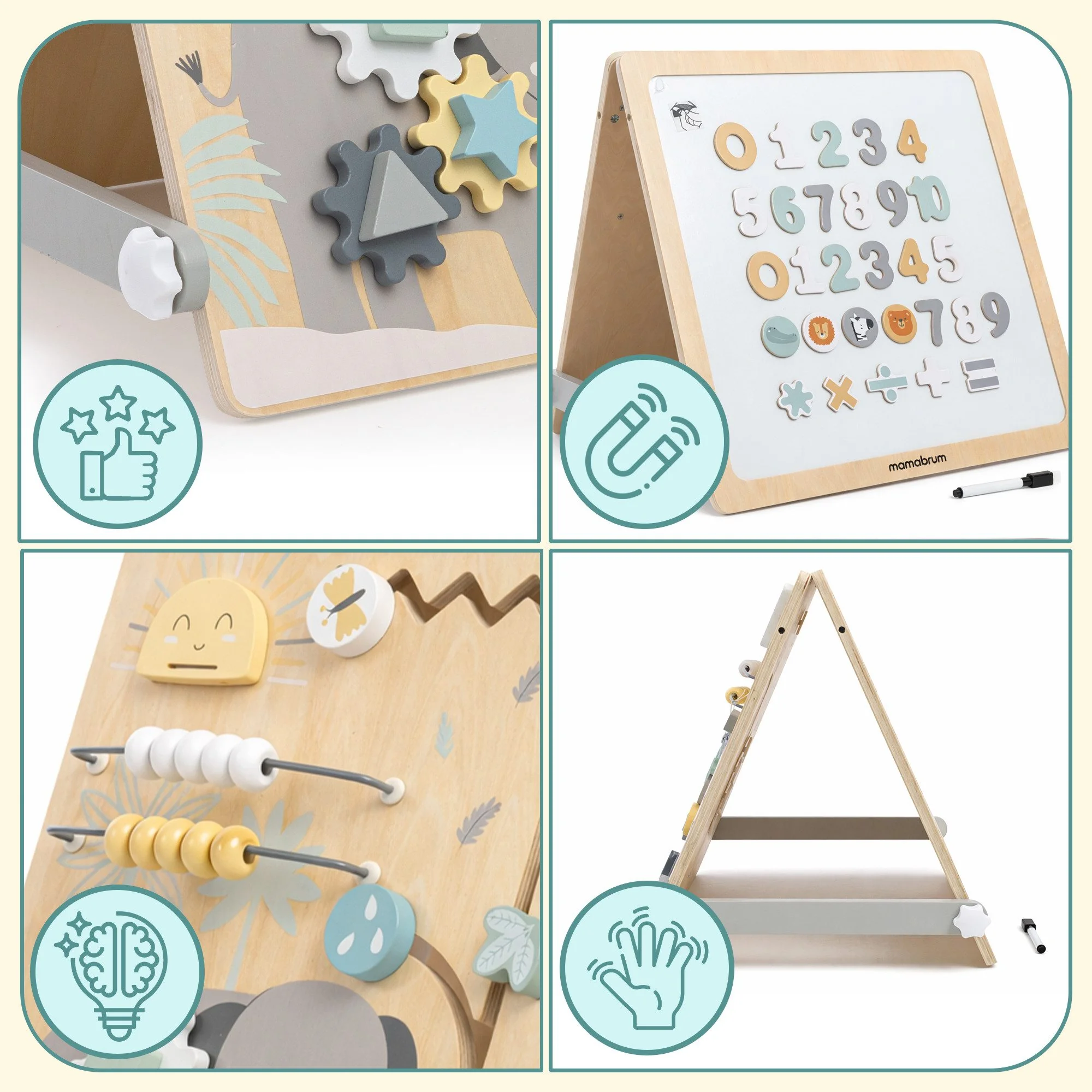 MAMABRUM Kinderstaffelei 2in1 Magnettafel Lernboard Busy Board Holz
