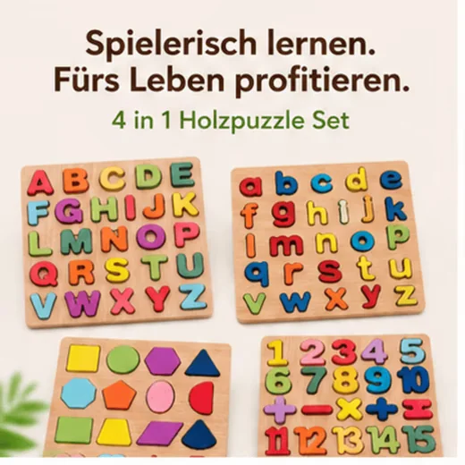 WHITE FOX STUDIO Steckpuzzle 4er Montessori Set ABC Zahlen Formen Holz