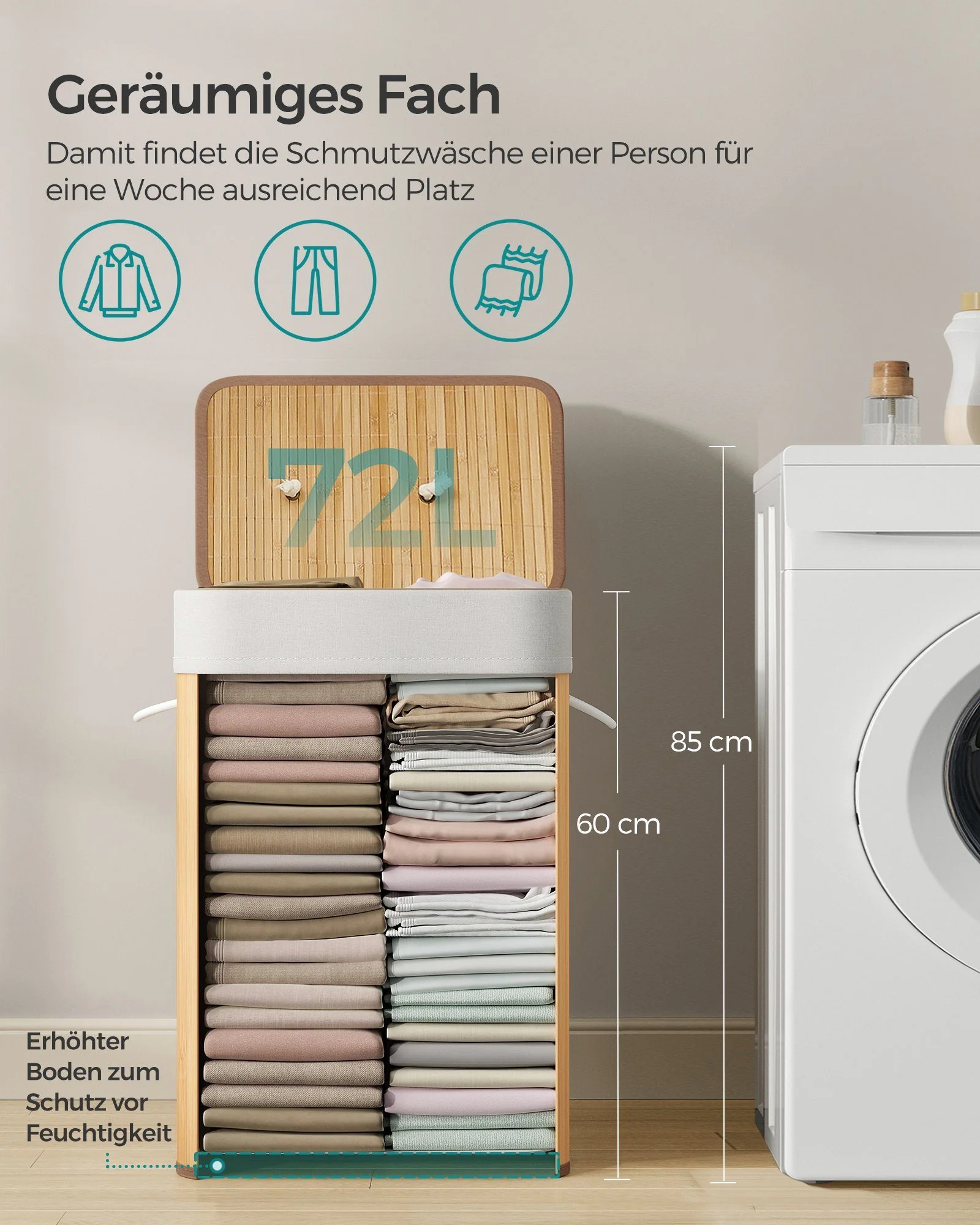 SONGMICS Wäschekorb mit Deckel aus Bambus, faltbarer Wäschesammler