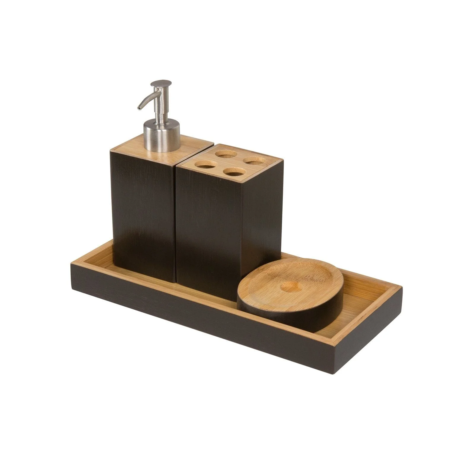 Badaccessoire-Set 4-teilig – Seifenspender, Zahnbürstenhalter, Seifenschale & Tablett