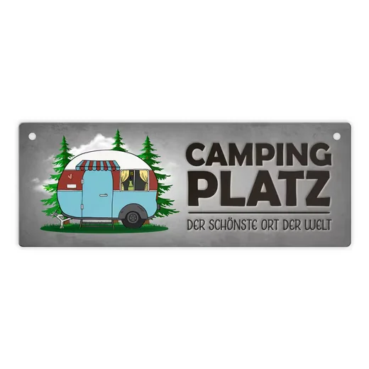 SPEECHEESE Metallschild Campingplatz grau mit Wohnwagen und Wohnmobil