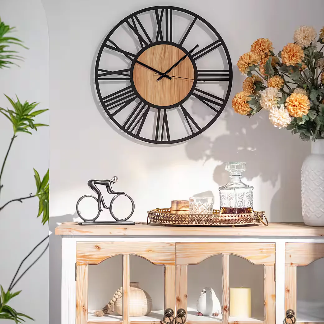 K&L WALL ART Wanduhr XL Holz Metall leise ohne Ticken Industrie Design