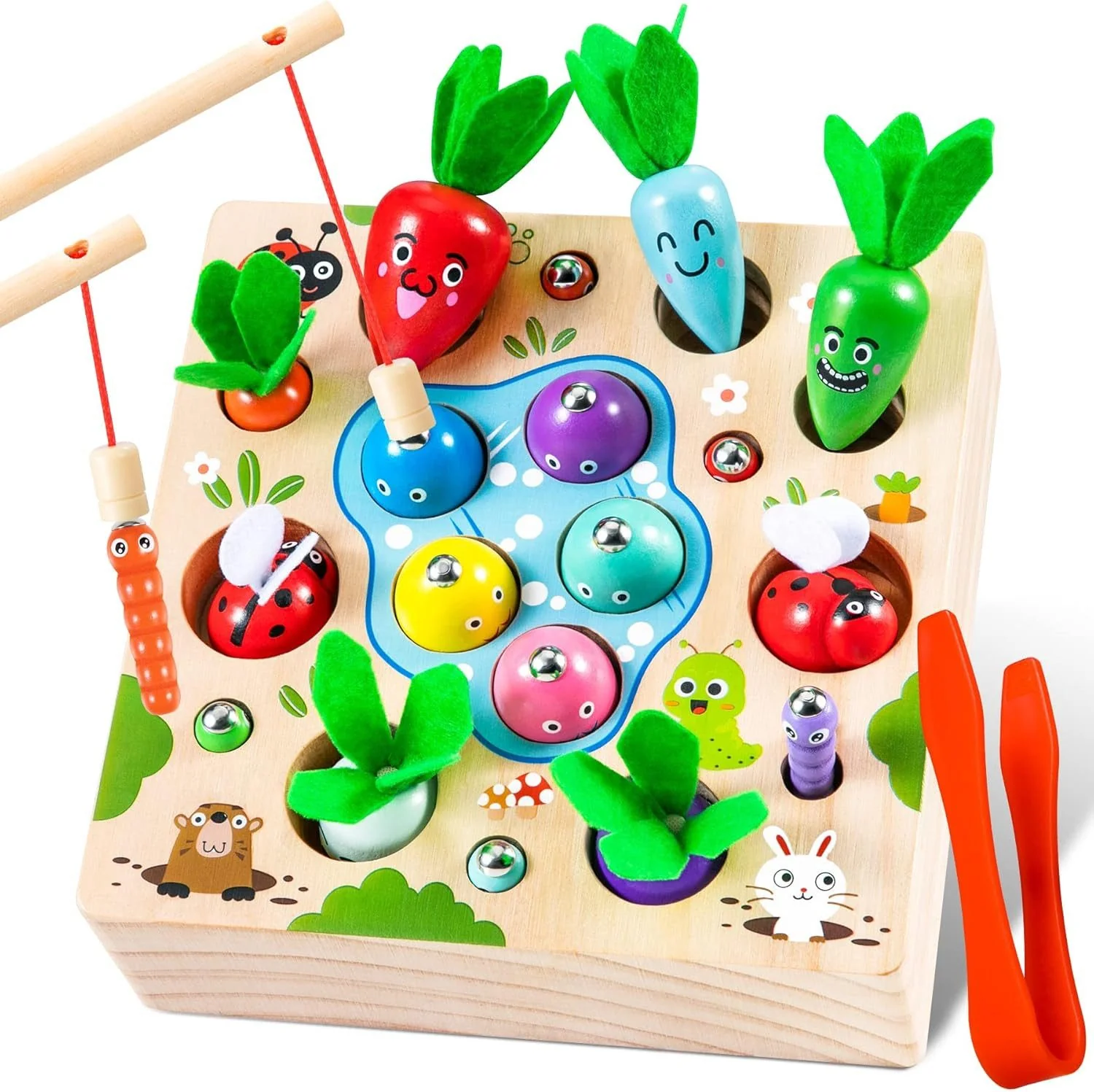 POPOLIC Montessori Karotten-Steckspiel Holz magnetisches Angelspiel