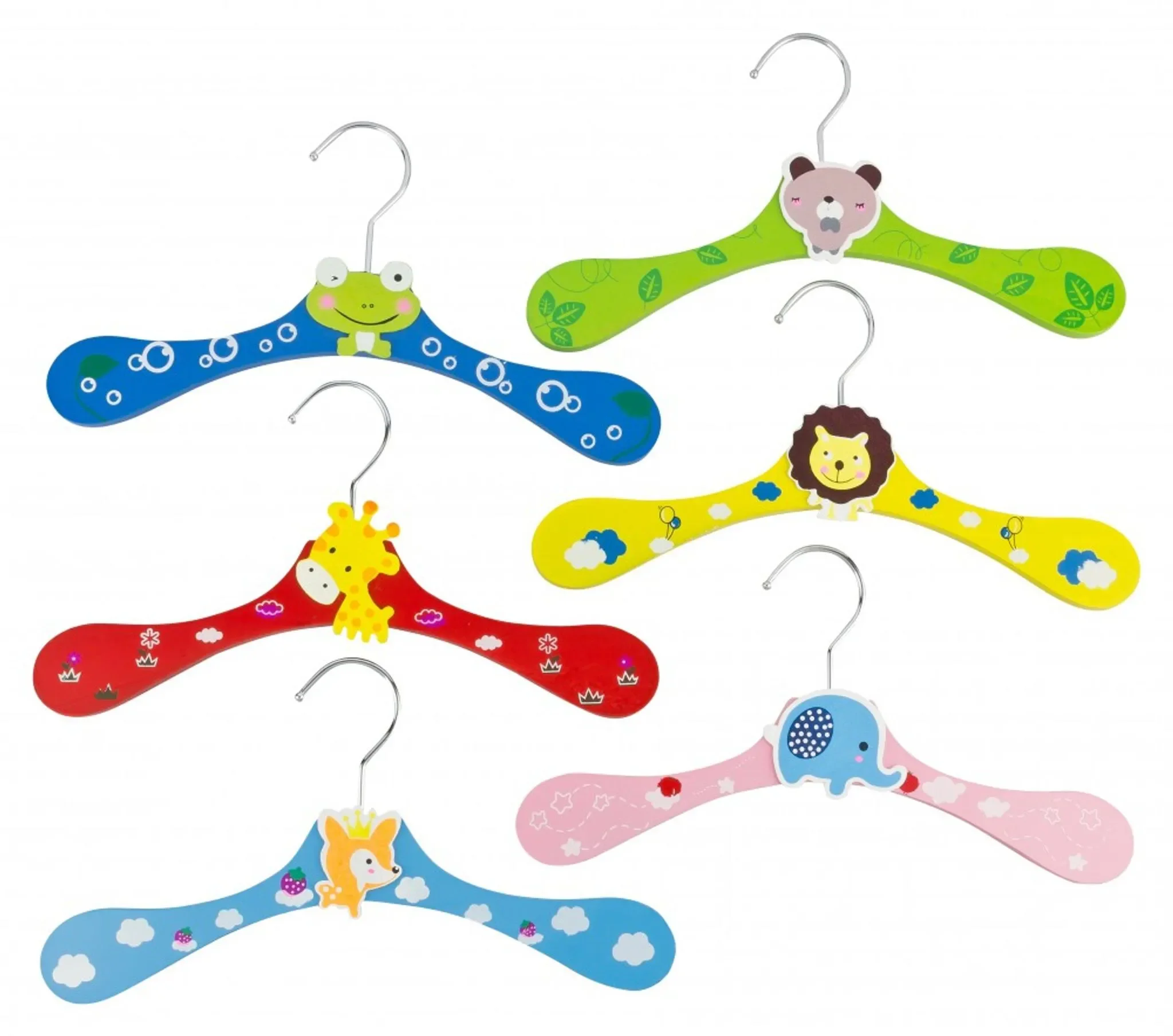 Kinder-Kleiderbügel aus Holz – 6er-Set mit Tiermotiven, bunt