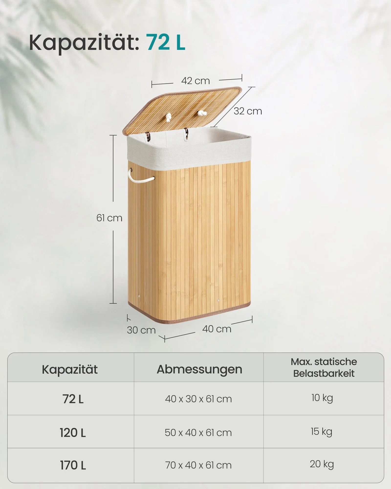 SONGMICS Wäschekorb mit Deckel aus Bambus, faltbarer Wäschesammler