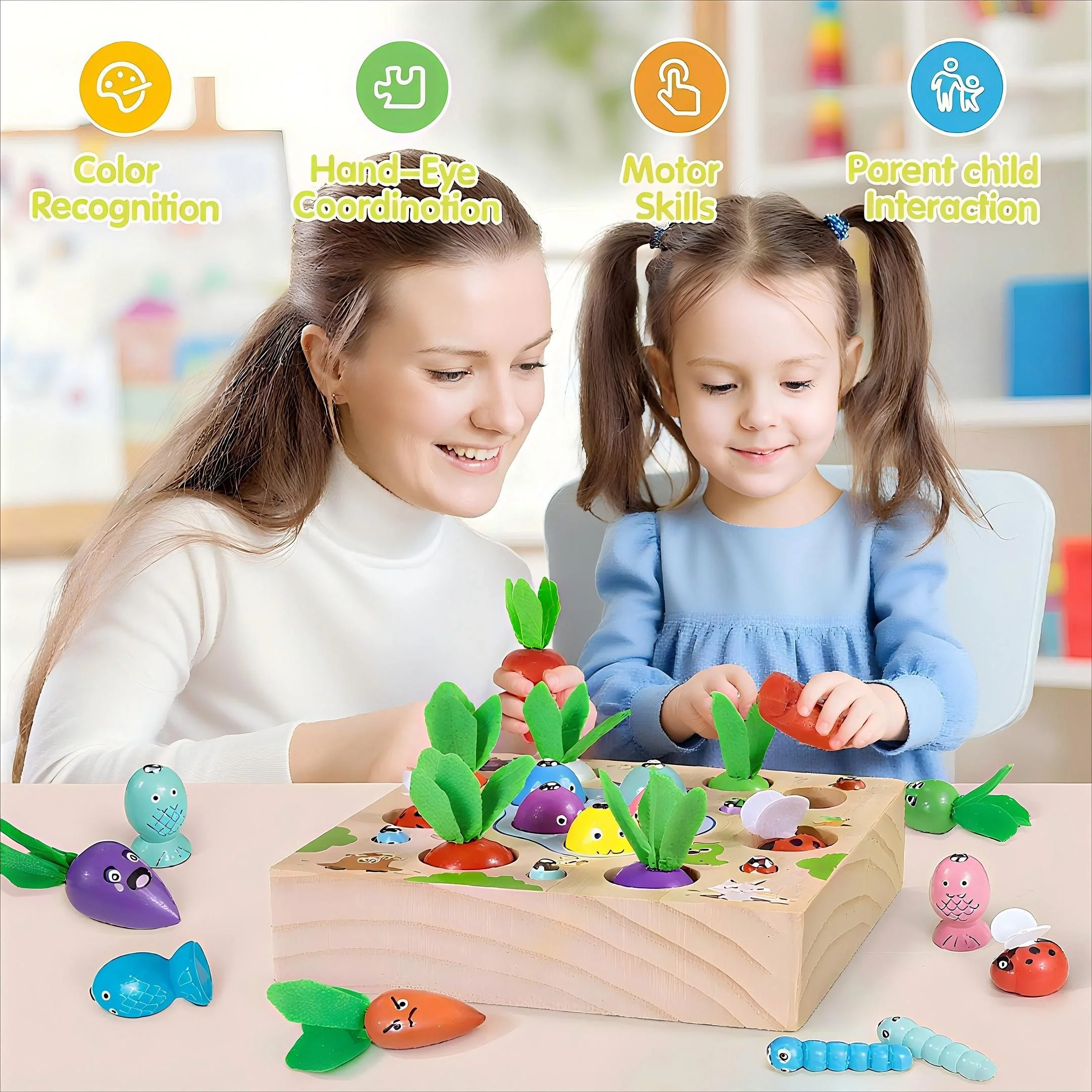 POPOLIC Montessori Karotten-Steckspiel Holz magnetisches Angelspiel