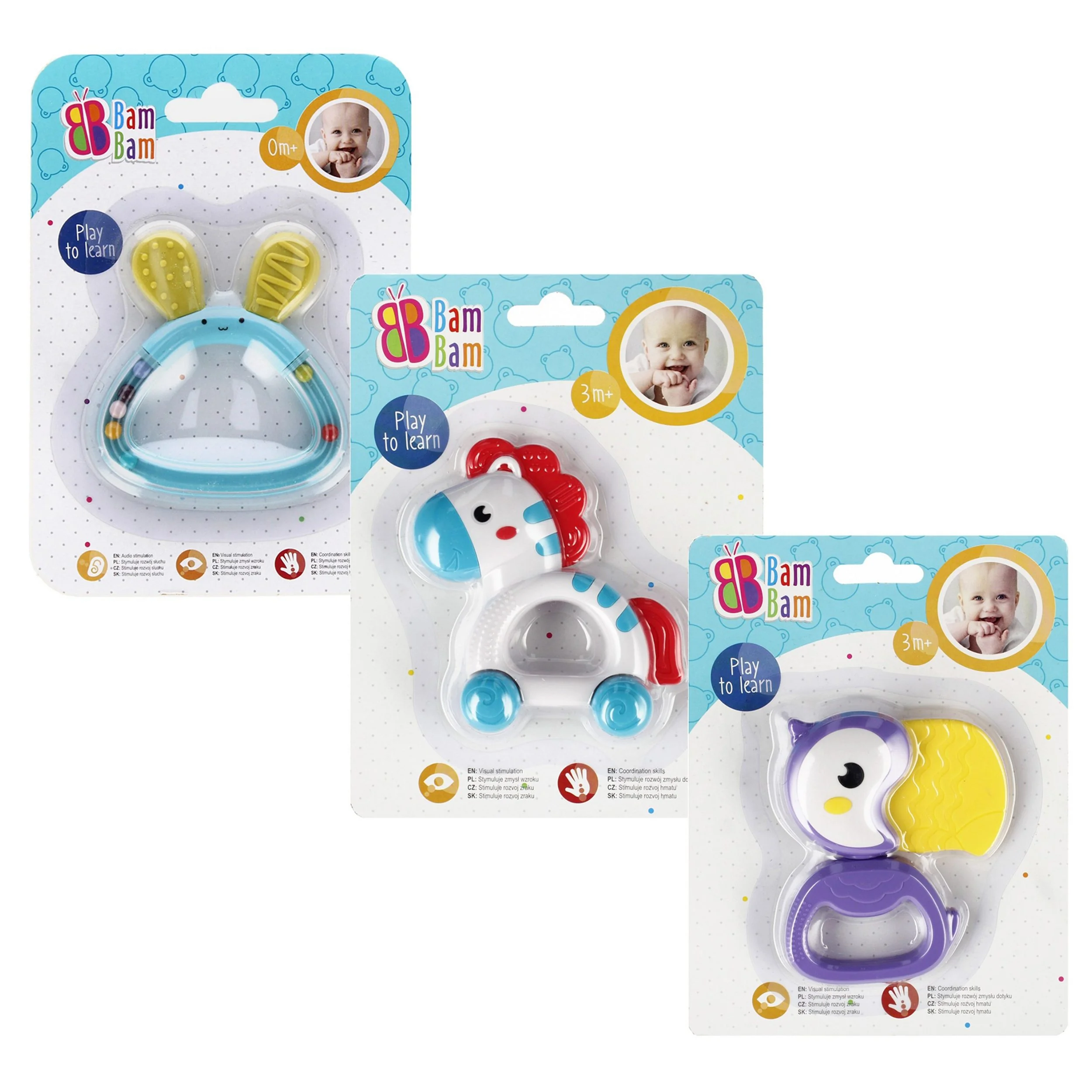 BAM BAM Baby Rassel Set 3er Tier-Rasseln Zebra Hase Tukan