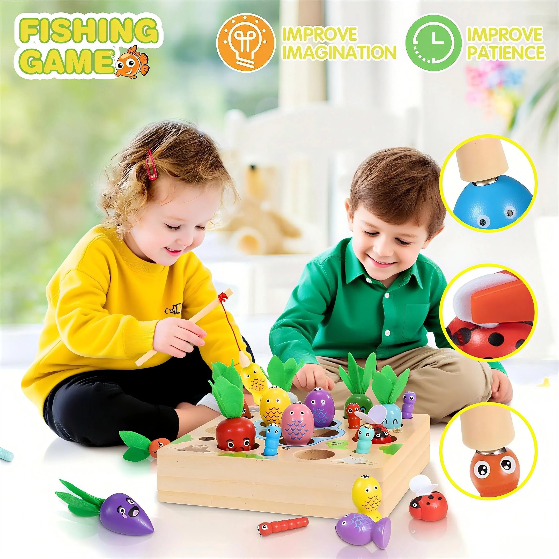POPOLIC Montessori Karotten-Steckspiel Holz magnetisches Angelspiel