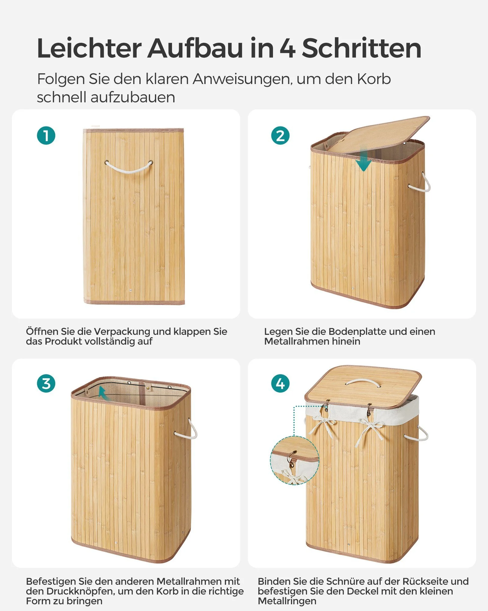 SONGMICS Wäschekorb mit Deckel aus Bambus, faltbarer Wäschesammler