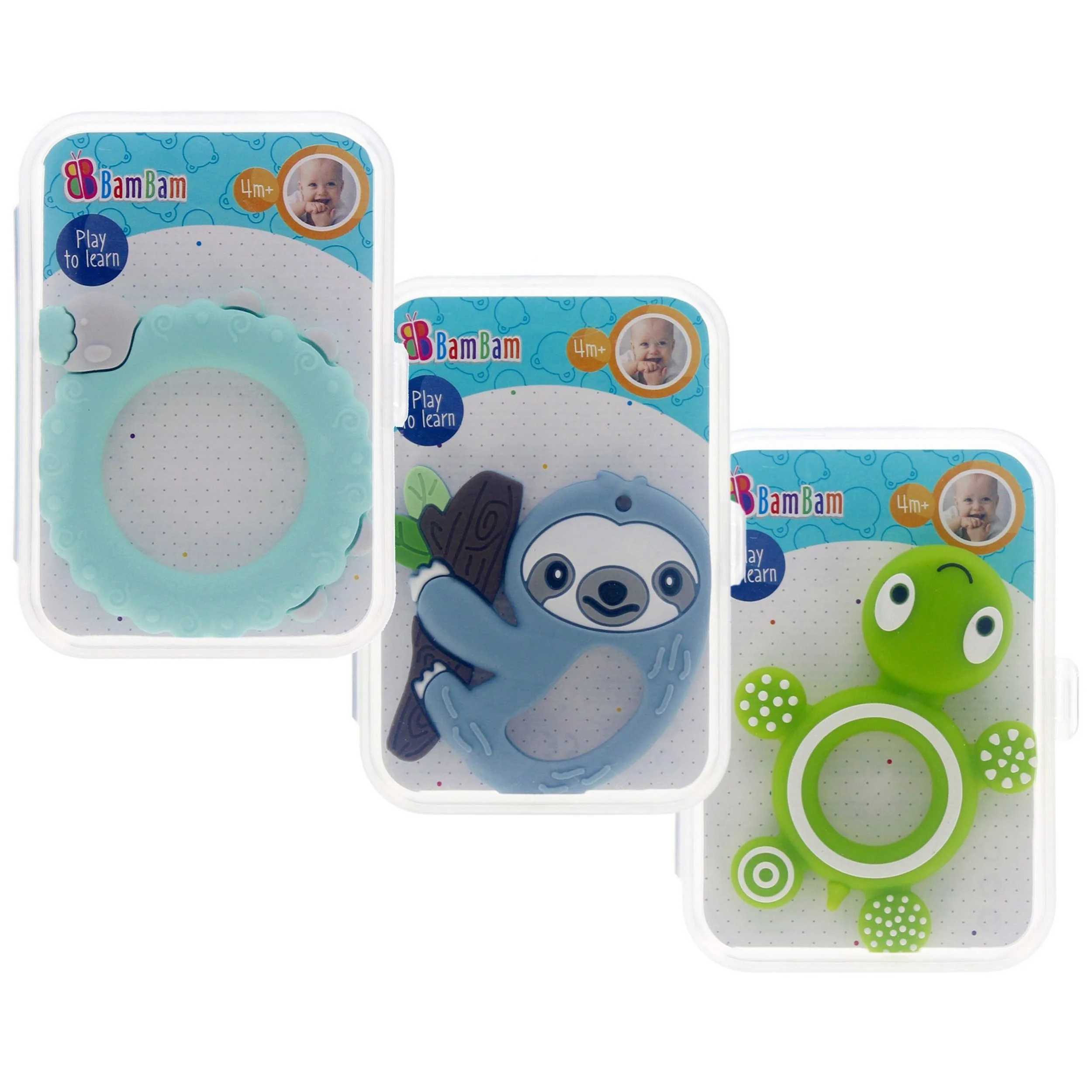 BAM BAM Beißringe für Babys, sensorisch, Tierform, 3er Pack, 4m+